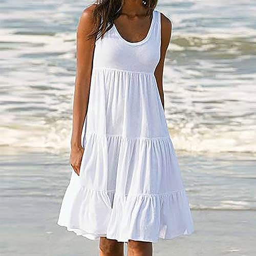 Fragarn Women Ljetne haljine, ženski ljetni rukavi bez rukava, okrugli vrat, čvrsta boja Spajanje velike ljuljačke haljine na plaži