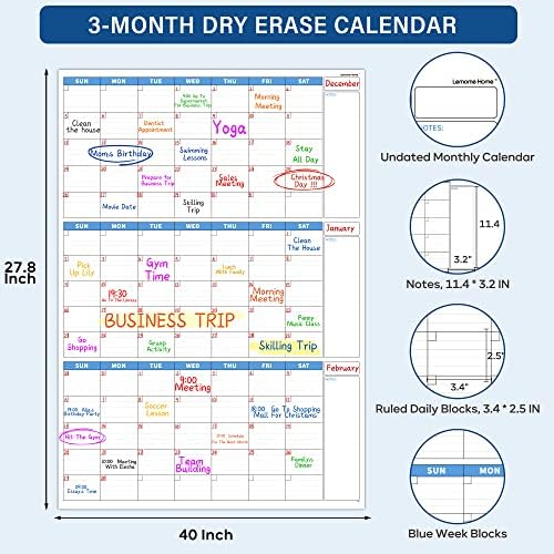 Veliki kalendar suhog brisanja za zid - 3 -mjesečni vertikalni zidni kalendar, 27,8 x 40, mjesečni kvartalni planer kalendara koji