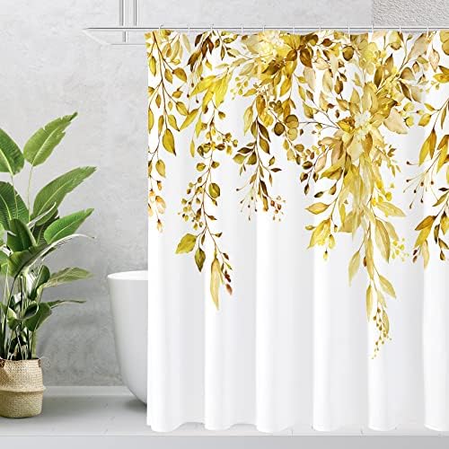 Gibelle žuti eukaliptus zavjesa za tuširanje, akvarelni biljni listovi s cvjetnim zavjesom za tuširanje kupaonice s kukama, 72x72