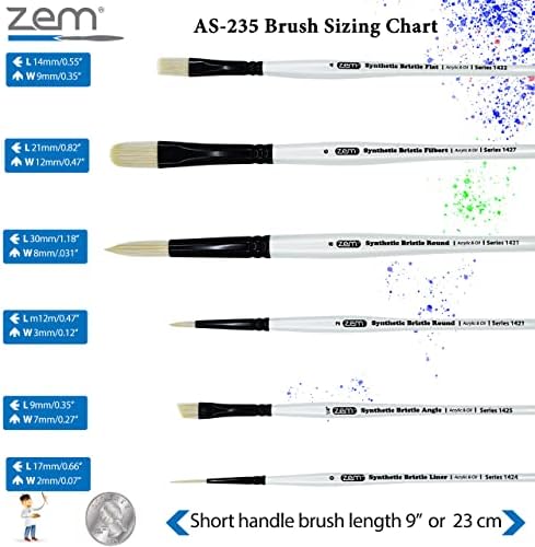 Zem Brush White Hog Bristle Synthetic Combo Rounds, Flat, Filbert, kut, linijski umjetnički četkica Set 6 PCS | Akril i ulje