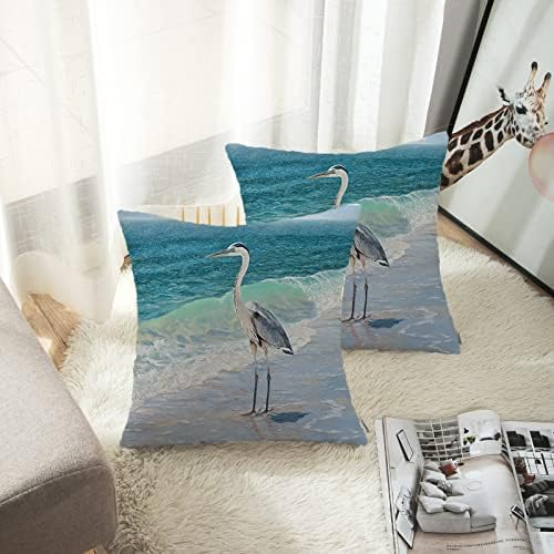 Emventnost set od 2 jastuka za bacanje plave čaplje na plaži morskog vala akvarel slika ukrasni jastuci kućišta standardni kvadrat