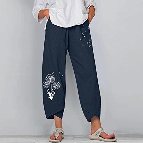 UBST ženske cvjetne tiskane elastične hlače za noge široke noge dame ležerne pamučne posteljine Ravne haremske hlače s džepom