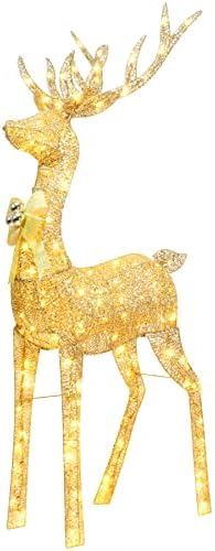 YuleTime 60-in visok unaprijed osvijetljeni božićni dolar, osvijetljeno sjajno zlato stojeći božićni muški jelen sa 120 toplih bijelih