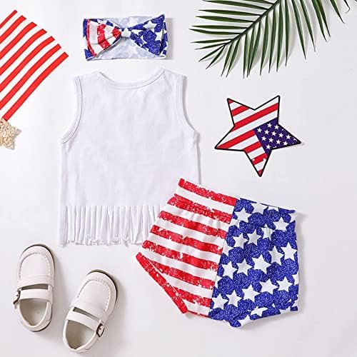 Lin & Babay dojenčad djevojčica 4. srpnja Outfit American Flag bez rukava bez rukava TENKS TENKS Kratke trake za glavu 3 PCS set