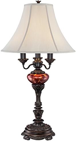 Stolna svjetiljka u tradicionalnom stilu, visoka 34 inča u engleskom brončano smeđem Kornjačevom staklu s bijelim zvonastim sjenilom,