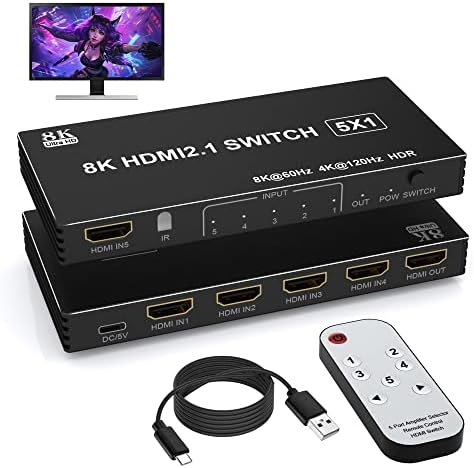 8K HDMI Switch 5 u 1 OUT, HDMI 2.1 Switch 5 Port s IR daljinskim, HDMI Switch Selector 8K@60Hz/4K@120Hz za Xbox PS4 PC TV TV