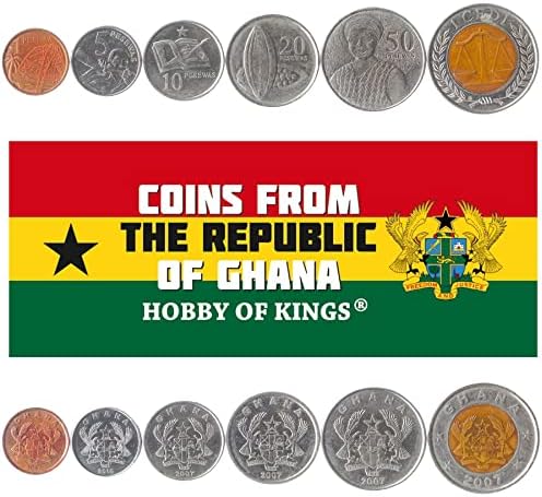 6 kovanica iz Gane | Ghanaian Coin Set Zbirka 1 5 10 20 50 PESEWAS 1 CEDI | Cirkulirano 2007-2020 | Kakao pod | Orao | Most | Štit
