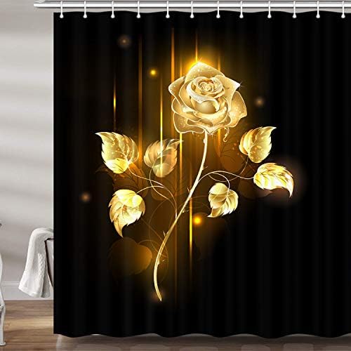 Crne i zlatne zavjese za tuširanje za kupaonicu, zlatna ruža cvjetna crna tkanina zavjesa za tuširanje, kupaonica pribor dekor 12 kukica