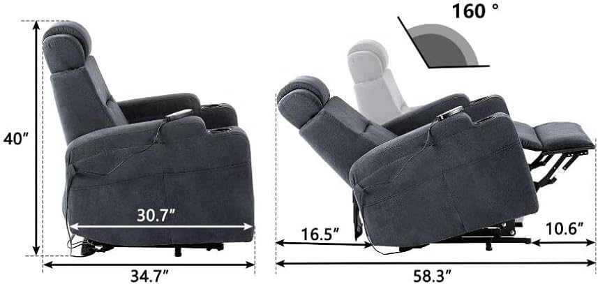 Ekstra široke stolice za dizanje sjedala s toplinom i masaža tapecirane u tamno sivoj boji