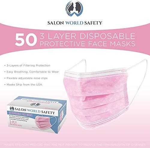50 ružičastih maski za lice, Prozračna jednokratna 3 - slojna osobna zaštitna oprema s kopčom za nos i ušnim petljama