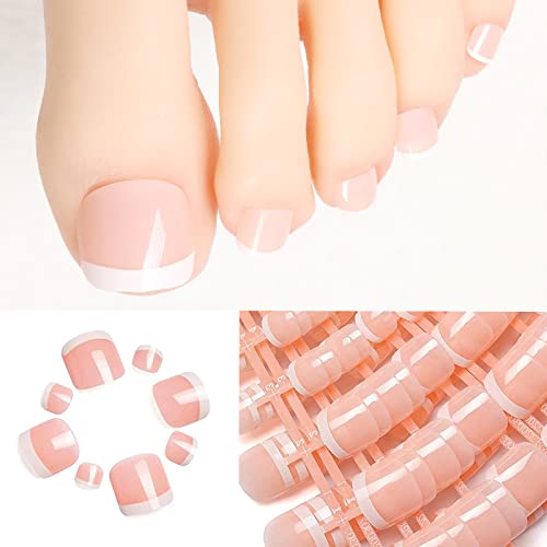 Ružičasti lažni nokti na nožnim prstima Kratki: 5 3 paketa francuskih noktiju na prstima s bijelim vrhovima lažni nokti na nožnim prstima