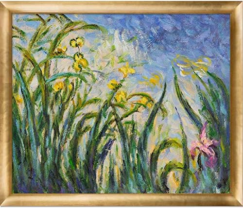La Pastiche ručno oslikana reprodukcija ulja, žuti irise i malva Claude Monet sa zlatnim luminosovim okvirom, 27 x 23