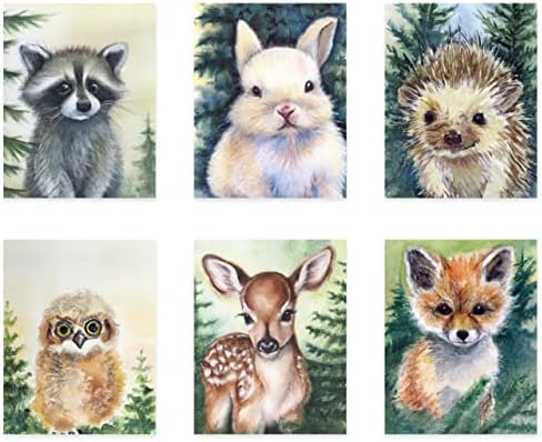 Woodland Creatures Rassery Wall Art Printins Set od 6 za dekor doma sadrži rakun, lisicu, zec, jež, jelene i sovu