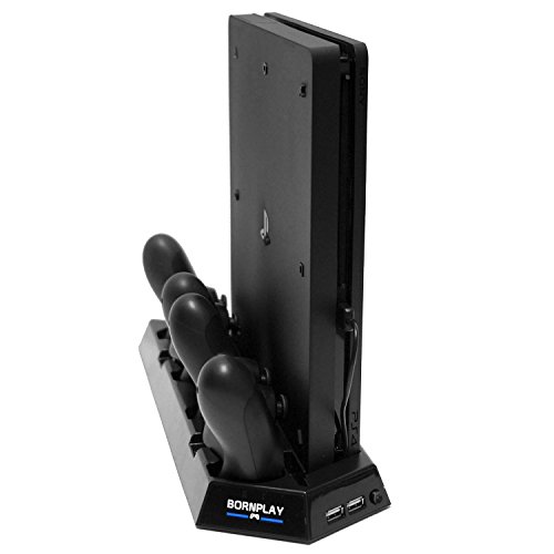 Bornplay Slimstation: PS4 Slim vertikalni stalak s ventilatorom za hlađenje i stanicom za dvostruko punjenje za kontrolere - uključuje