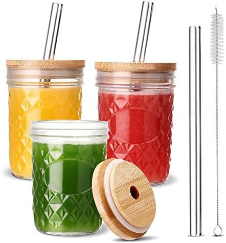 3 pakiranja staklenih čaša od bambusa s poklopcem i slamkom od nehrđajućeg čelika, staklena čaša za smoothie za višekratnu upotrebu