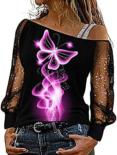 IIUS SLEGIN TISKA MESH Dugi rukavi majica za žene seksi izvan ramena Pulover Odjetna asimetrična rosa na ramenu Tonika