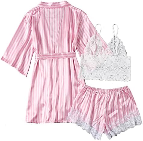 Ženske satenske pidžame odjeće 3pcs cvjetna čipkasta obloga babydoll donjeg rublja kratke hlače za spavanje s noćnom odjećom za ogrtač