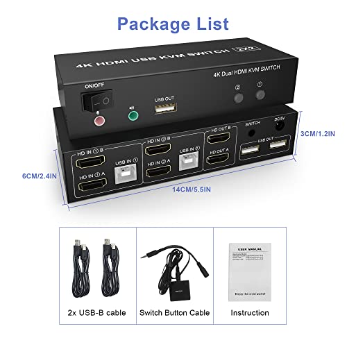 Dual monitor KVM switch HDMI 2 luka, napredni prikaz, KVM switch HDMI 2 in 2 Out s аудиовыходом za mikrofon i 3 USB 2.0, 4K @ 60 Hz,