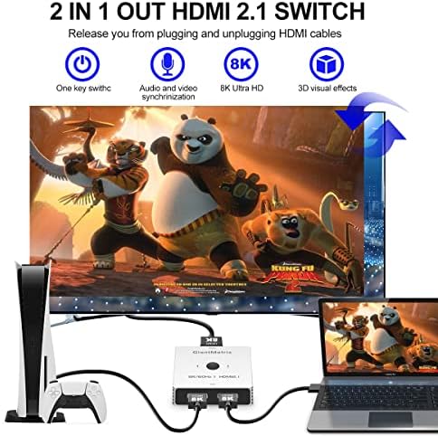 Giantmatrix HDMI 2.1 Switch, 8K 120Hz HDMI Switch, 8K@60Hz, 4K@144Hz, 4K@120Hz, HDMI Switch 2 In 1 Out, aluminijska školjka, kompatibilna
