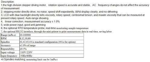 GOWE digitalni viskometerski raspon prikazivanja i linearna kalibracija mjerni raspon: 10-100000MPA.S, Brzina rotacije: 6R/min 12R/min