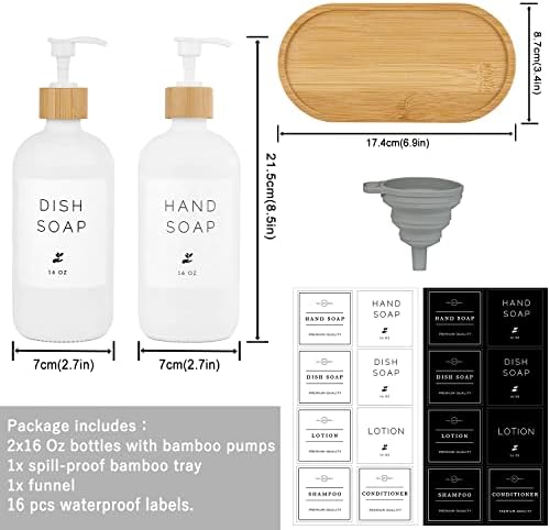 Stakleni raspršivač sapuna s bambusovim pumpama i ladicom, 2 pakiranja od 16 oz i raspršivači sapuna za ručni sapun postavljeni za