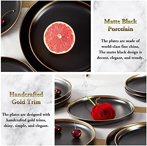 DUJUST Matte Crni porculanski tanjuri za večeru od 6, 10,5 inča, luksuzni dizajn s ručno izrađenim zlatnim oblogama, lako čisti, izvrsna