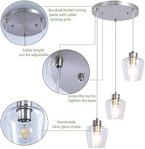 Staklena viseća svjetiljka od 3-inčnog stakla, klasični klaster luster, viseća svjetiljka od brušenog nikla s prozirnim staklenim sjenilima