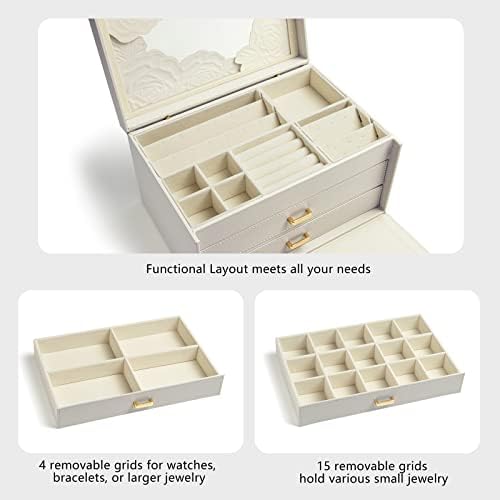 Luksuzna kutija za nakit od stakla s poklopcem od 3 sloja, organizator nakita od umjetne kože s uzorkom ruže, 2 ladice za odlaganje