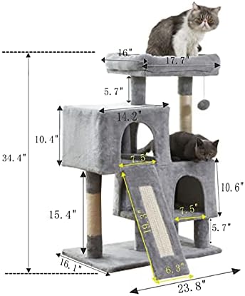 Mačji toranj, 34,4 inča mačje drvo s grebalicom, 2 luksuzna stana, stablo za penjanje mačaka, čvrsto i jednostavno za sastavljanje,