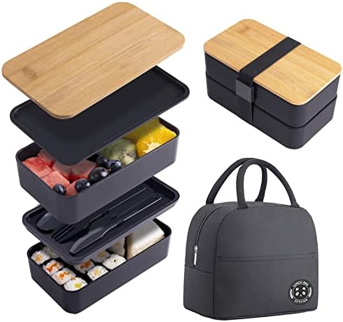 Japanska bambusova Bento kutija s pretincima i priborom, kutija za ručak koja se može složiti uključuje vrećicu za pripremu obroka