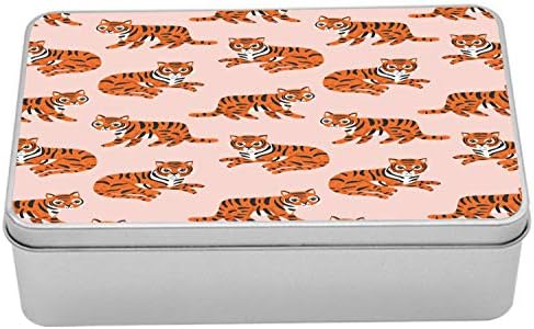 Ambasonne Safari Tin Box, zabavni uzorak tigrova s ​​prugama Funky Divlje životinje, prijenosni pravokutnički organijski okvir za odlaganje