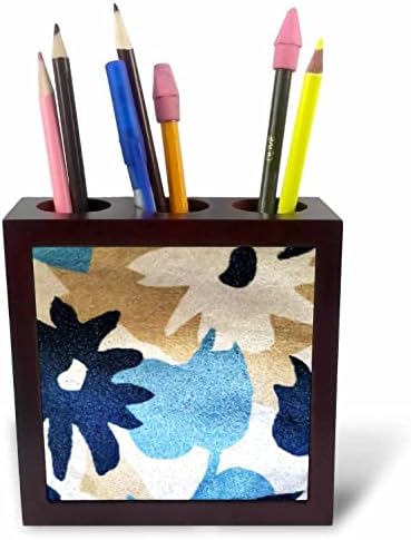 3 inča-tamnoplava i bijela cvjetna akvarelna slika s držačima za olovke od smeđih pločica