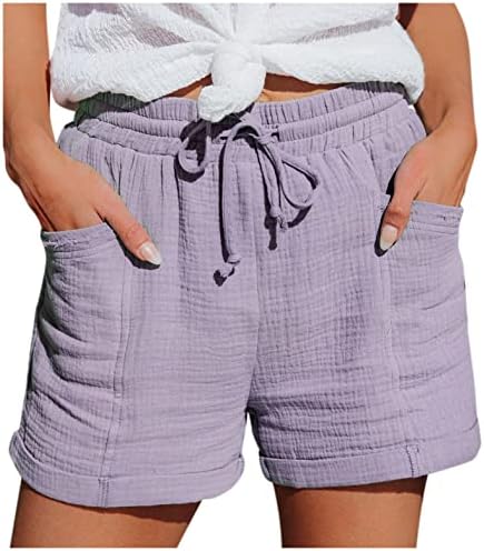 Qifen ženske pamučne lanene kratke hlače solidne ljetne kratke hlače djevojke elastični struk labave ležerne kratke hlače s džepovima