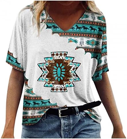 Zapadne košulje za žene plemenska aztec tiskana košulja s kratkim rukavima casual ljetni vrhovi labavi vintage etnički v geometrijski