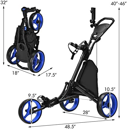 Gimax golf kolica, 3 kotača aluminij savijanje visine podesivih golf push kolica s držačem kišobrana i vodootporna vrećica, prijenosna
