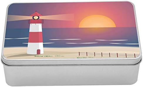Ambasonne ljetna limena kutija, digitalno generirana interpretacija tornja satova na plaži tijekom zalaska sunca, prijenosni rectangle