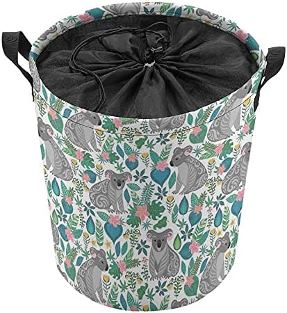 Slatke sive koale s ukrasima, tropskim cvijećem i lišćem, okrugle vrećice za rublje, vodootporna košara za odlaganje s ručkama i poklopcem