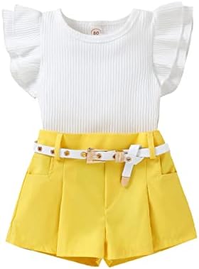 XBGQASU odjeća odjeća Ljetno malu djecu Djevojke ruffles lete rukavi Čvrsti rebrasti vrhovi majica kratke kratke hlače pojas