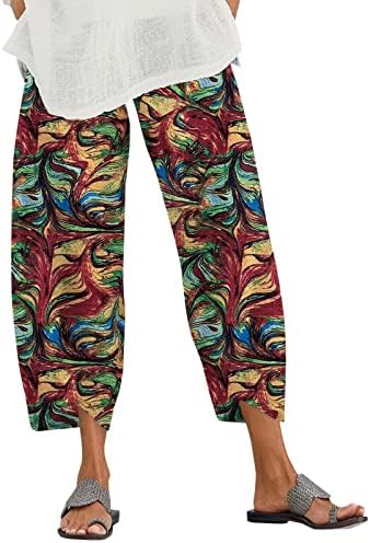 Ljetne hlače Capri za žene casual pamučna lanena elastična hlača struka konusna labava plaža za gležnjeve zglobove s džepom