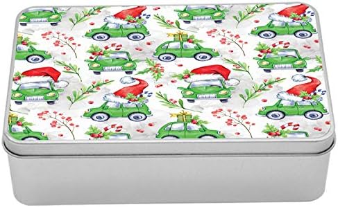 AMBESONNE CARS TIN BOX, NOEL Nova proslava božićna kompozicija sa zelenim automobilima Djeda šeširi, prijenosni pravokutni organ za