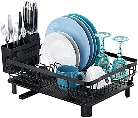 Kelunis stalak za odvod za jelo, proširivi nosač za sušenje od nehrđajućeg čelika s držačem posuđa za kuhinjski pult, crni