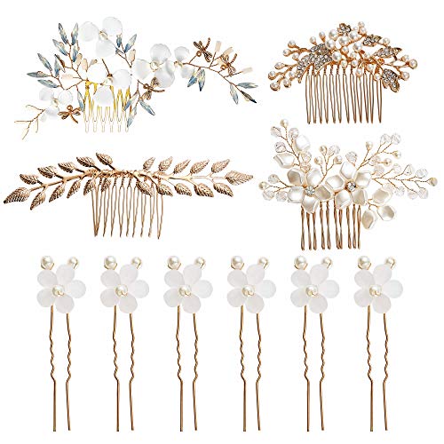 10 paketa zlatnih češlja za kosu za vjenčanje s cvjetnim lišćem + kopče za kosu u obliku slova u, kopče za ukosnice, pribor od rhinestona