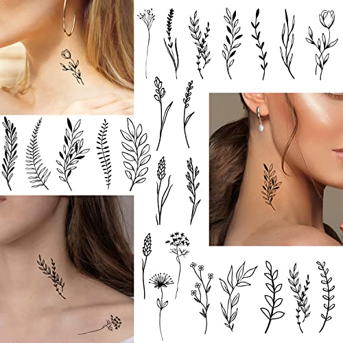 75 stilova sitnih privremenih tetovaža grana crnog cvijeta za žene i djevojke, 16 listova realističnog buketa divljeg cvijeća, mala