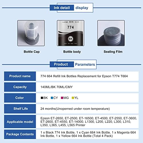 AOMYA kompatibilna zamjena boca s tintom za Epson 774 664 T774 T664 Visoki prinos za upotrebu s ET-2650, ET-16500, ET-4500, ET-2550,
