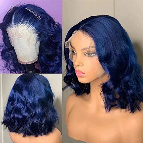 Plava boja kratka valovita perika od ljudske kose kratki bob 180% gustoća 13 94 inča nevidljiva perika prednje čipke voluminozni val