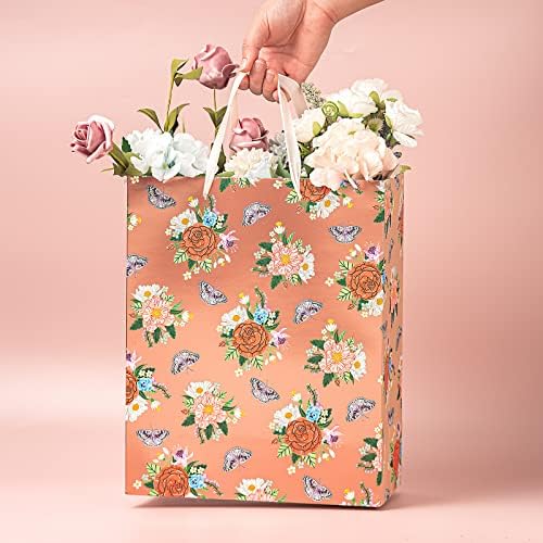 Velika poklon vrećica od 12,5 s papirnatim papirom - cvjetni dizajn od ružičastog zlata sa sjajnom metalnom folijom