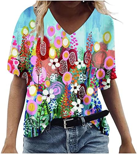 Ženske bluze s kratkim rukavima Deep v Neck Cotton Cvjetna grafička grafička labava košulja Preveliki dnevni boravak za djevojčice