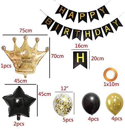 Komplet ukrasa za rođendanske zabave - Sretan rođendan, zlatna kruna Balloon Gold i Crni lateks baloni, savršeni zalihe zabave