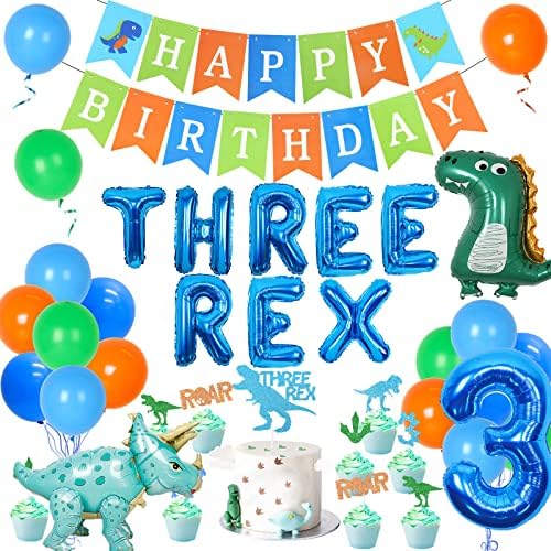 Dekoracije za 3. rođendan dinosaura za dječake-plavi pribor za zabavu za bebe s balonima dinosaura broj 3, natpis za sretan rođendan,