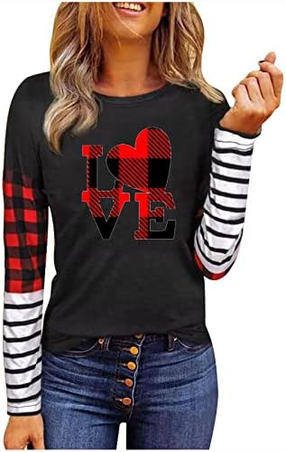 Leopard Heart Print majice Žene Valentines bivola karirana prugasta patchwork dugi rukav majica Slatka izlaska tunika